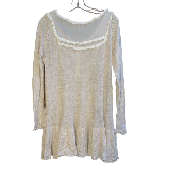 Free People S Lace Trimmed 100% Linen Oatmeal Sweater - Picture 4 of 7